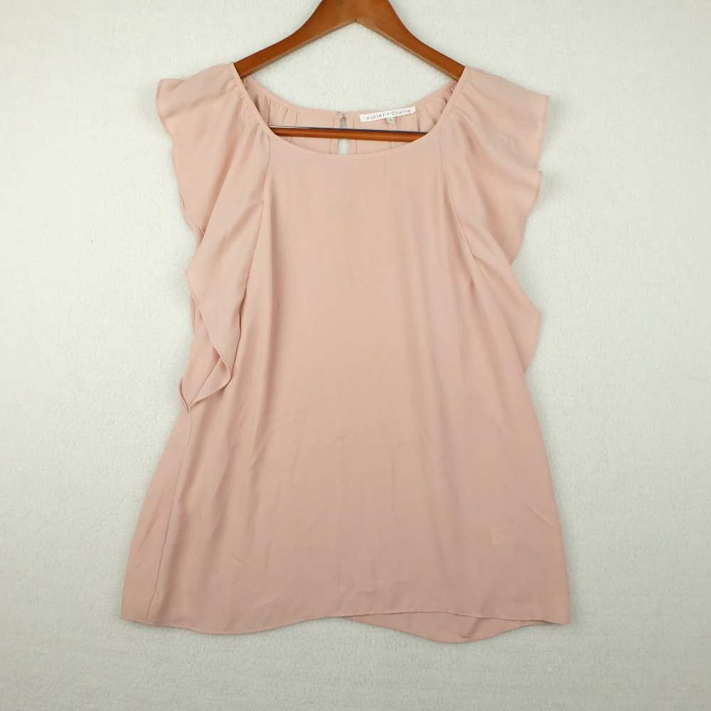 Violet Clair Womens Shirt Top Small Pink Short Sleeve Ruffle Lightweight Retro